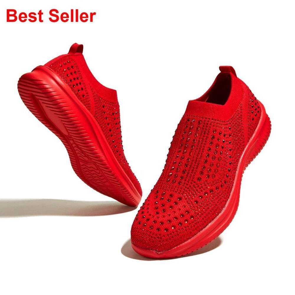 Women's Rhinestone Mesh Slip On Sneakers, Breathable Walking Shoes with Memory
